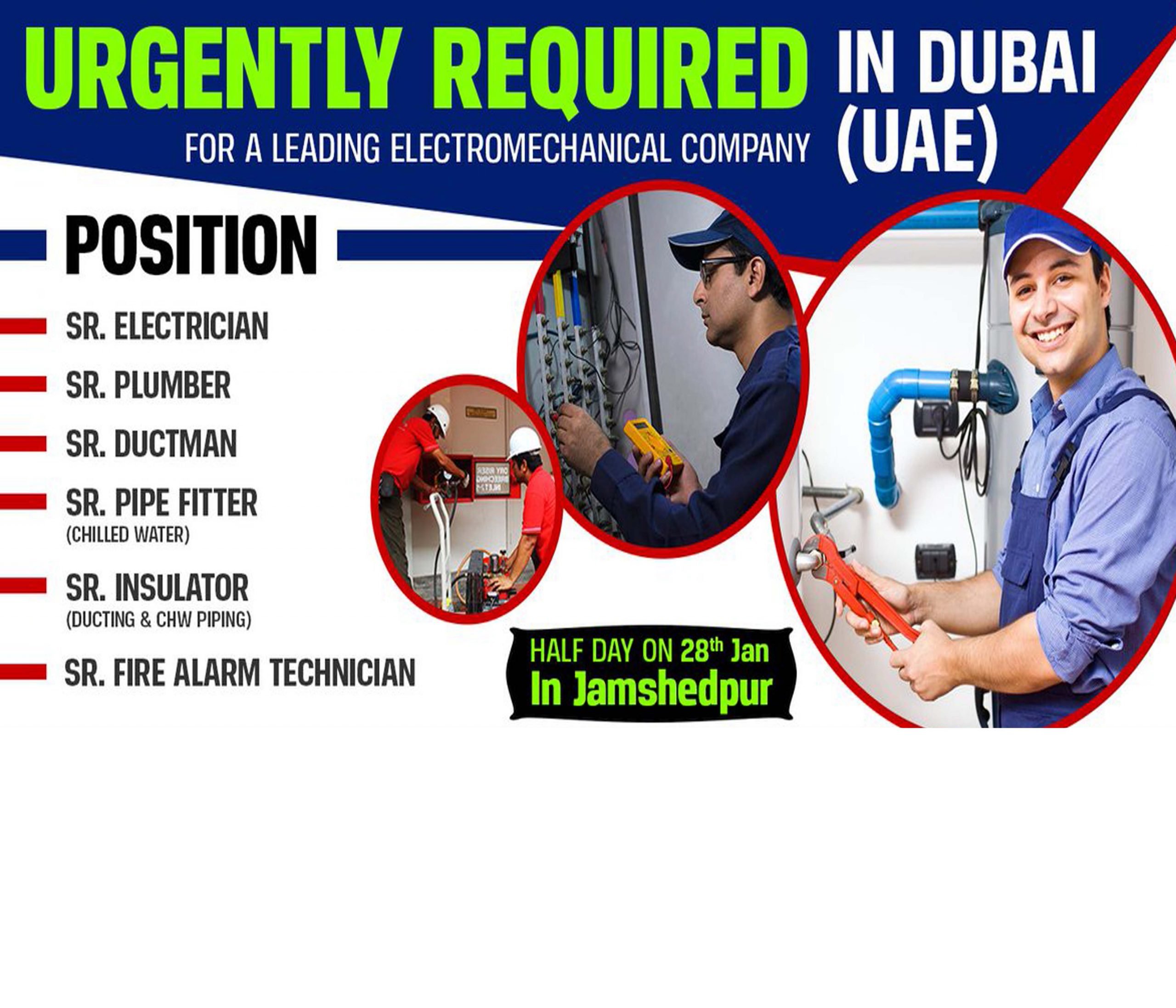 Electrician Plumber Pipefitter Duct man and Insulator job in Dubai